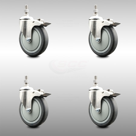 Service Caster 5 Inch 316SS Thermoplastic Rubber Swivel 10mm Stem Caster Set Lock Brake SCC SCC-SS316TSTTL20S514-TPRB-M1015-4